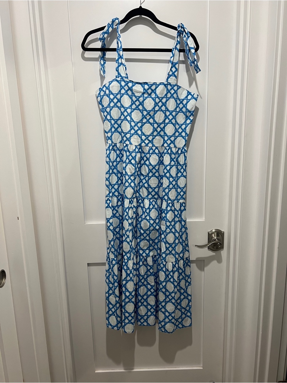 Holly Shae Graysen dress Blue and White Tie-Strap Midi Dress with Lattice Print